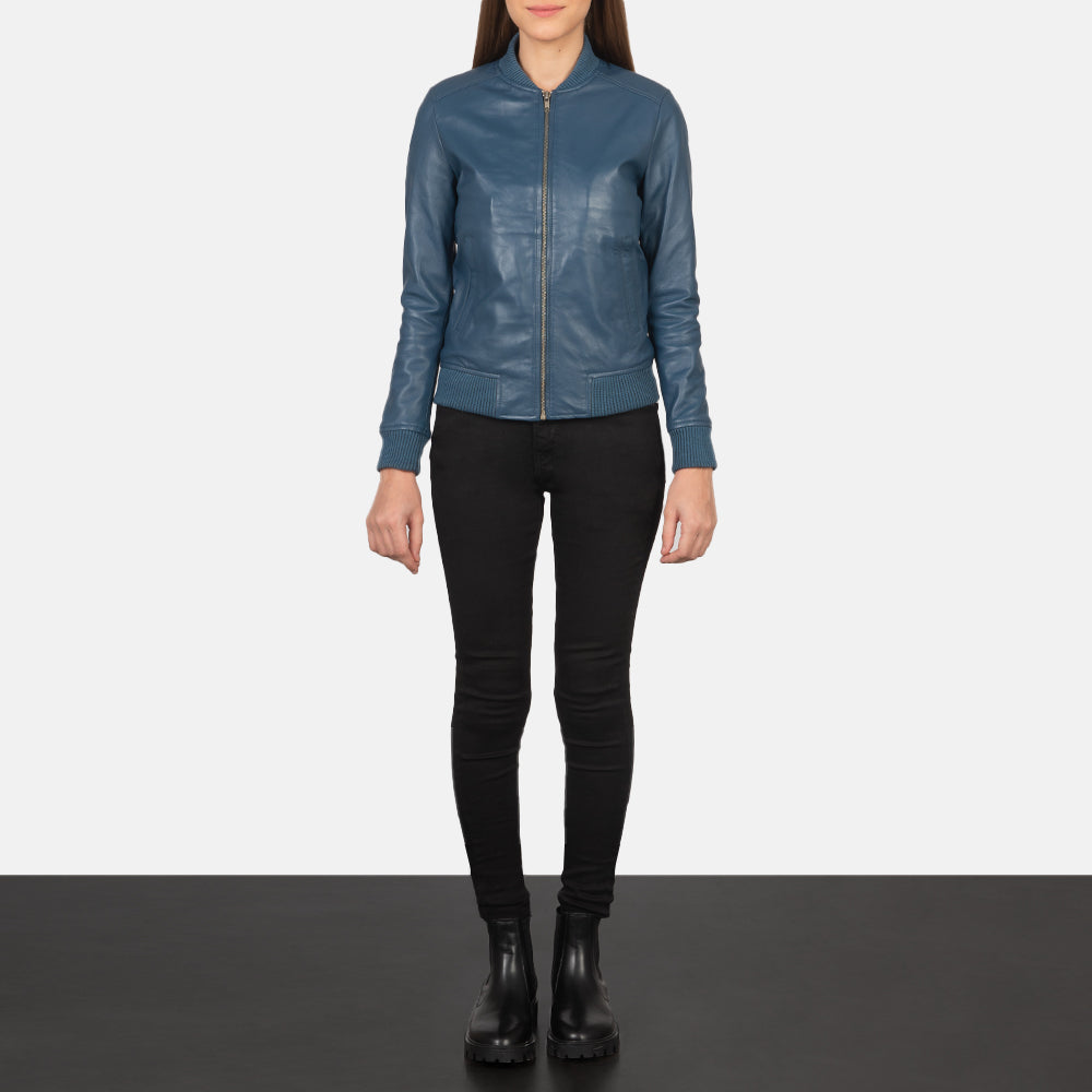 Women's Bliss ブルー レザーボンバージャケット レディース - Lateral Side Profile View Showing Sleeve Cut &amp; Athletic Taper Fit