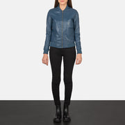 Women's Bliss ブルー レザーボンバージャケット レディース - Lateral Side Profile View Showing Sleeve Cut &amp; Athletic Taper Fit