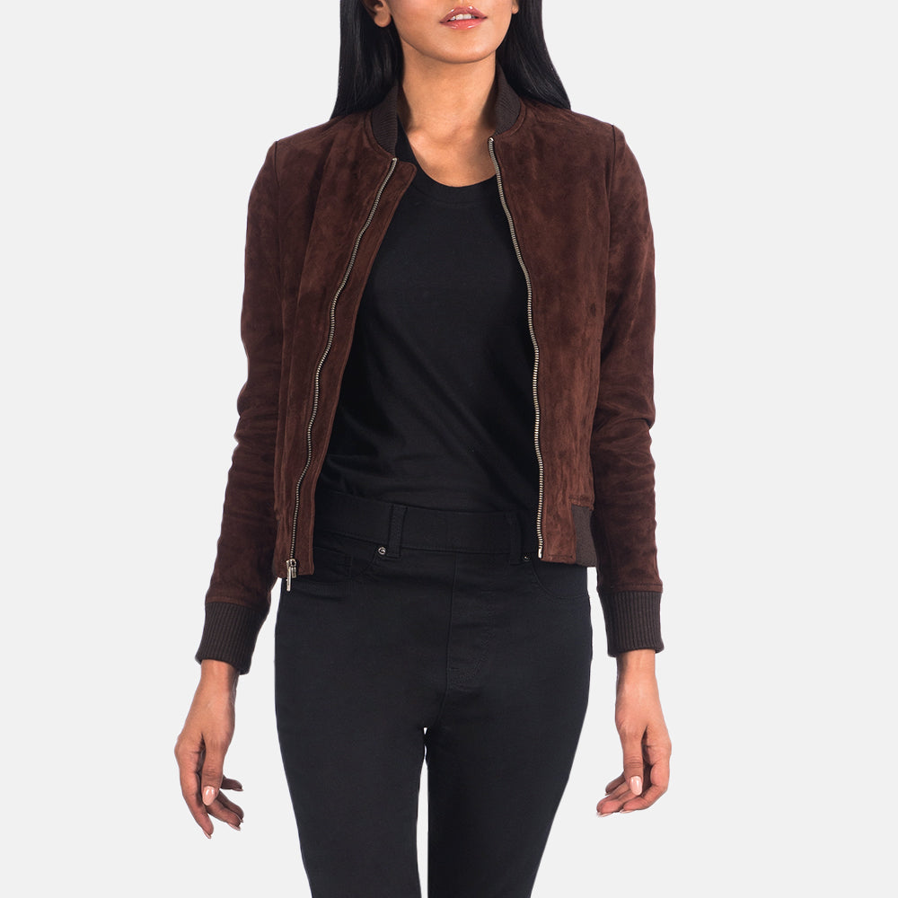 Women's Bliss ブラウン Suede レザーボンバージャケット レディース in Brown Goatskin Suede - Front Profile View &amp; Tailored Silhouette | Buy Online
