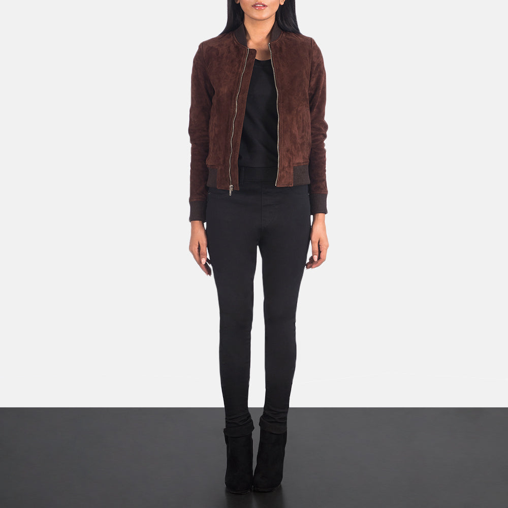 Women's Bliss ブラウン Suede レザーボンバージャケット レディース - Lateral Side Profile View Showing Sleeve Cut &amp; Athletic Taper Fit