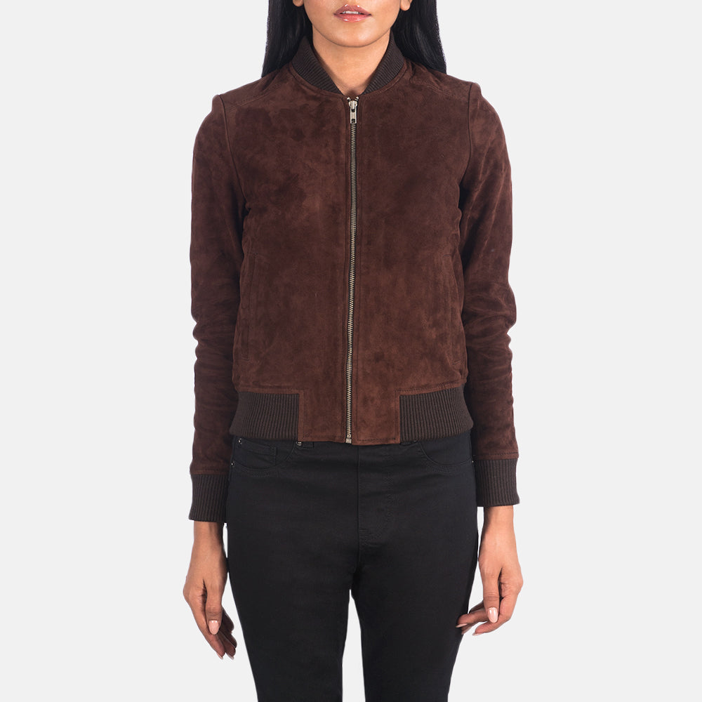 Close-Up Detail of Varsity - Rib Knit &amp; Zipper with Wind Flap Hardware on Women's Bliss ブラウン Suede レザーボンバージャケット レディース