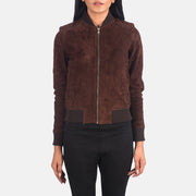 Close-Up Detail of Varsity - Rib Knit &amp; Zipper with Wind Flap Hardware on Women's Bliss ブラウン Suede レザーボンバージャケット レディース