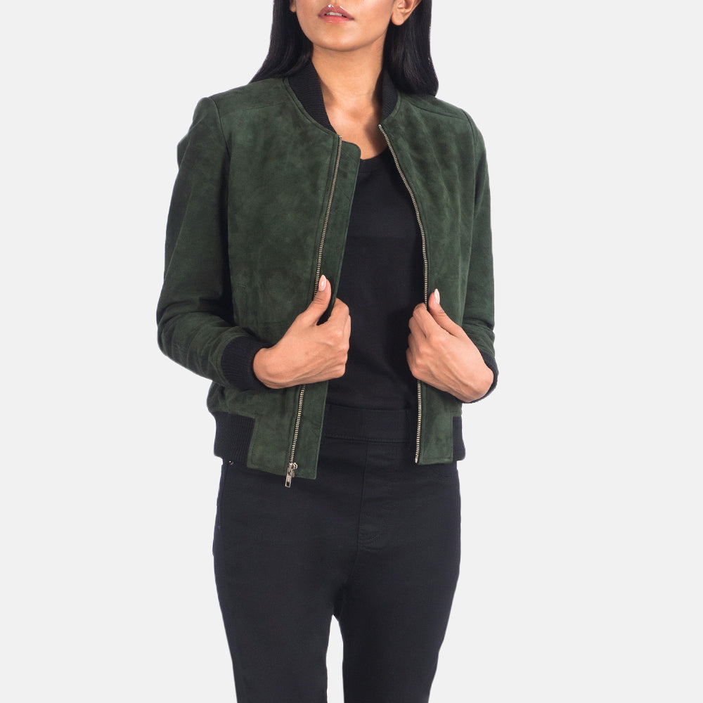 Women's Bliss グリーン Suede レザーボンバージャケット レディース in Green Goatskin Suede - Front Profile View &amp; Tailored Silhouette | Buy Online