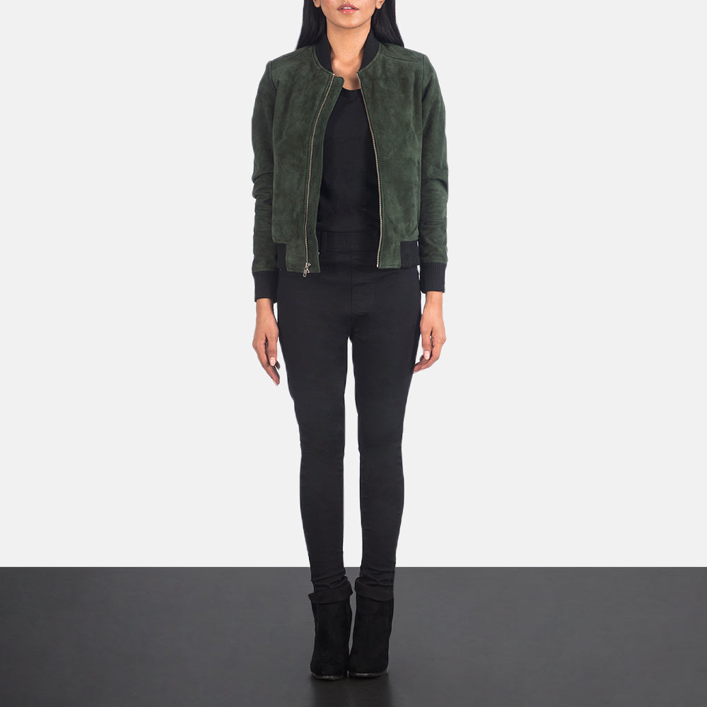 Women's Bliss グリーン Suede レザーボンバージャケット レディース - Lateral Side Profile View Showing Sleeve Cut &amp; Athletic Taper Fit