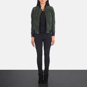 Women's Bliss グリーン Suede レザーボンバージャケット レディース - Lateral Side Profile View Showing Sleeve Cut &amp; Athletic Taper Fit