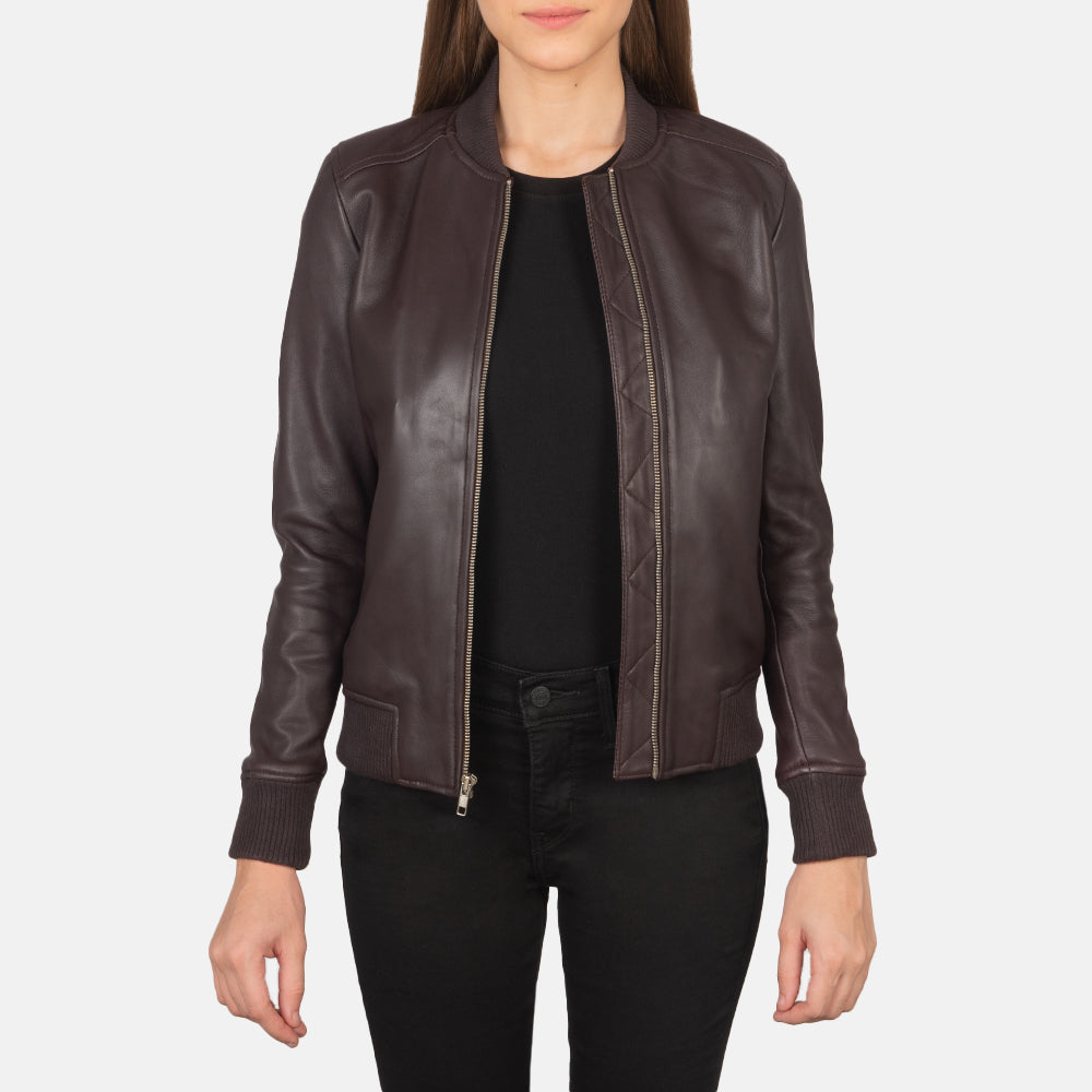Women's Bliss マルーン レザーボンバージャケット レディース in Maroon Sheepskin Leather - Front Profile View &amp; Tailored Silhouette | Buy Online