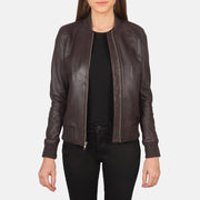 Women's Bliss マルーン レザーボンバージャケット レディース in Maroon Sheepskin Leather - Front Profile View &amp; Tailored Silhouette | Buy Online
