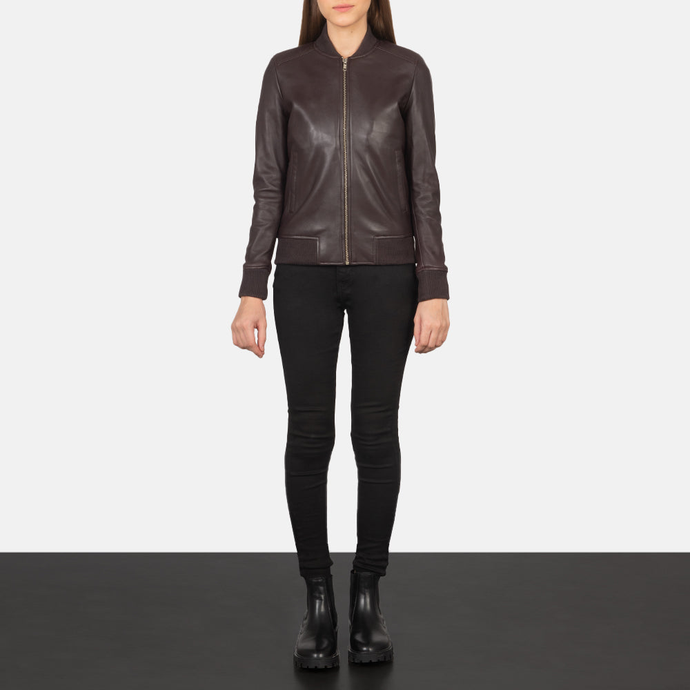 Women's Bliss マルーン レザーボンバージャケット レディース - Lateral Side Profile View Showing Sleeve Cut &amp; Athletic Taper Fit