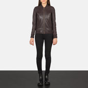Women's Bliss マルーン レザーボンバージャケット レディース - Lateral Side Profile View Showing Sleeve Cut &amp; Athletic Taper Fit