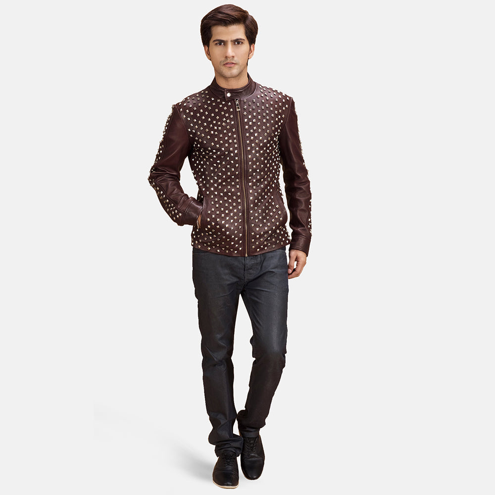 Blix Bono マルーン レザーライダースジャケット メンズ - Lateral Side Profile View Showing Sleeve Cut &amp; Athletic Taper Fit