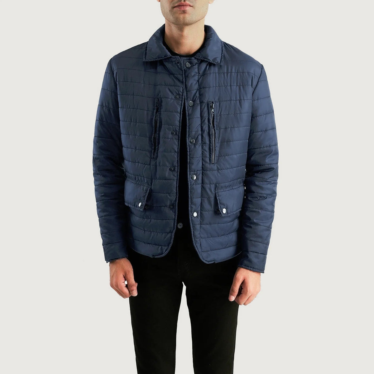 Men's Bo Quilt Windbreaker レザージャケット メンズ in Navy Blue Nylon - Front Profile View &amp; Tailored Silhouette | Buy Online