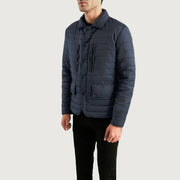 Navy Blue Nylon Winter Jacket - Back View Showing Tailored Shoulder Fit &amp; Clean Hemline
