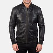 
クローズアップ詳細 of Rib Knit & Zipper Hardware on Bomia Ma-1 Black Leather Bomber Jacket