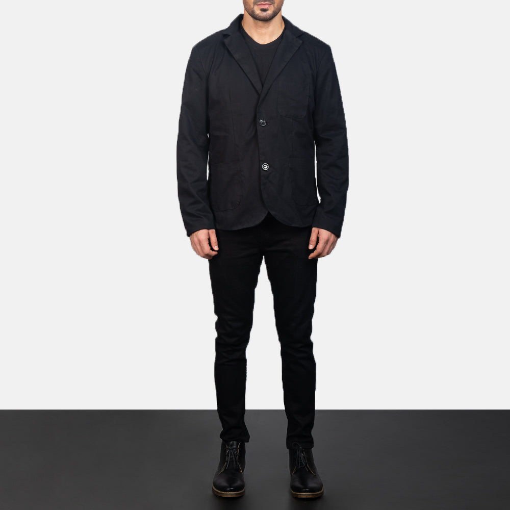 Borges ブラック レザーテーラードブレザー メンズ - Lateral Side Profile View Showing Sleeve Cut &amp; Athletic Taper Fit