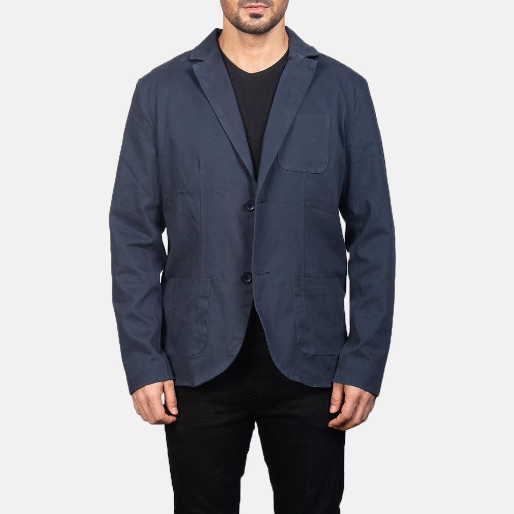 Borges Navy ブルー レザーテーラードブレザー メンズ in Navy Blue Poly-Cotton - Front Profile View &amp; Tailored Silhouette | Buy Online