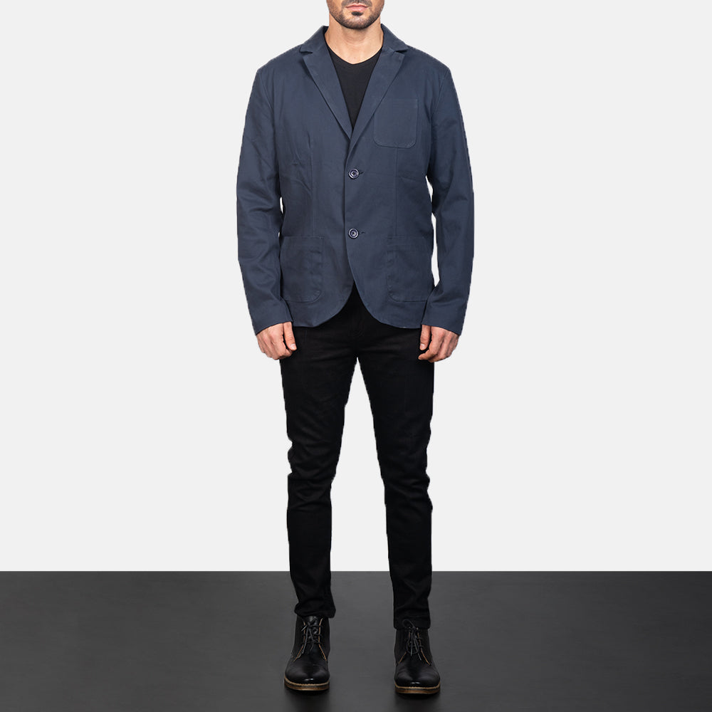 Borges Navy ブルー レザーテーラードブレザー メンズ - Lateral Side Profile View Showing Sleeve Cut &amp; Athletic Taper Fit