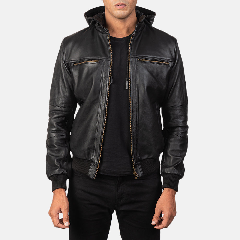 
Bouncer Biz Black Leather Hooded Bomber Jacket in Black Cowhide Leather - 正面スタイル＆テーラードシルエット | 公式オンライン通販