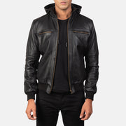 
Bouncer Biz Black Leather Hooded Bomber Jacket in Black Cowhide Leather - 正面スタイル＆テーラードシルエット | 公式オンライン通販