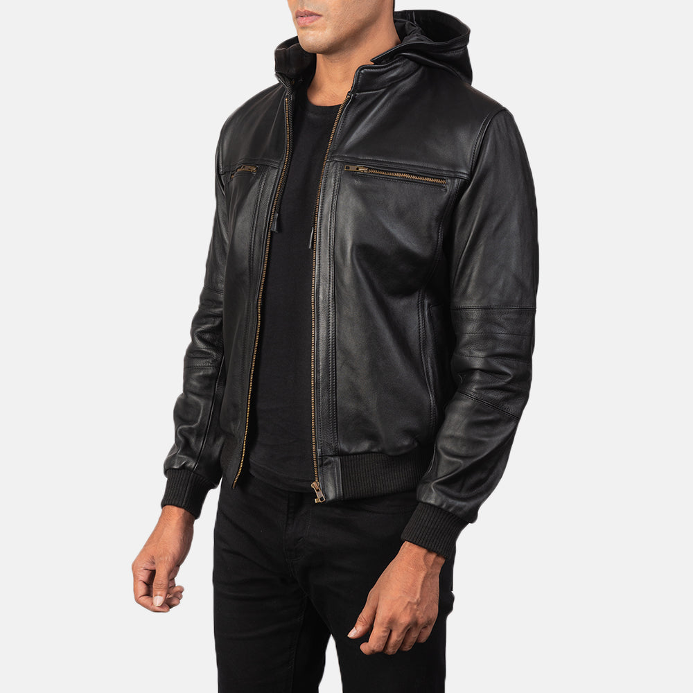 
Black Cowhide Leather Bomber Jacket - 美しい肩のラインと裾の仕立てが際立つ背面ビュー