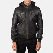 
Bouncer Biz Black Leather Hooded Bomber Jacket - 袖の立体カッティングと洗練されたテーパードフィットを見せる側面ビュー