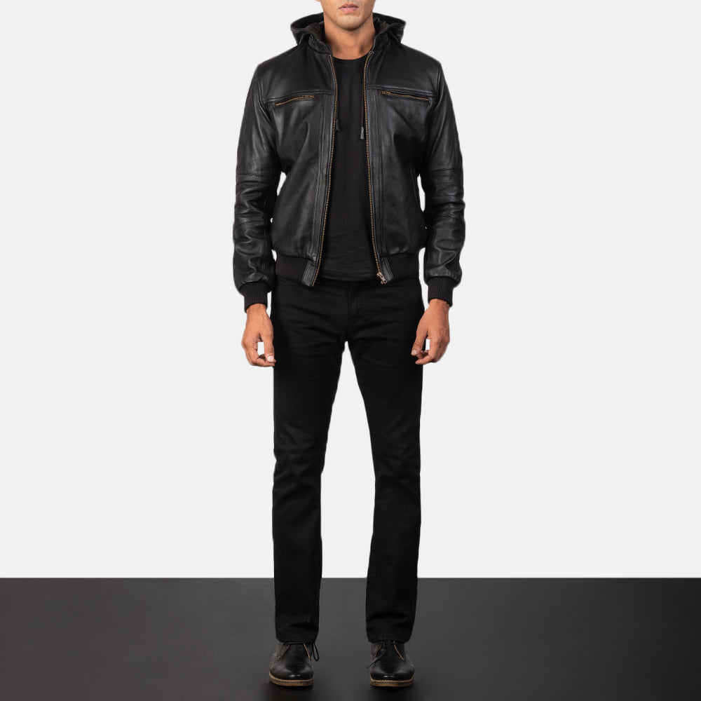 
クローズアップ詳細 of Band & Zipper Hardware on Bouncer Biz Black Leather Hooded Bomber Jacket