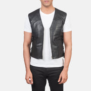 Men's Brandon ブラック レザーベスト メンズ in Black Sheepskin Leather - Front Profile View &amp; Tailored Silhouette | Buy Online