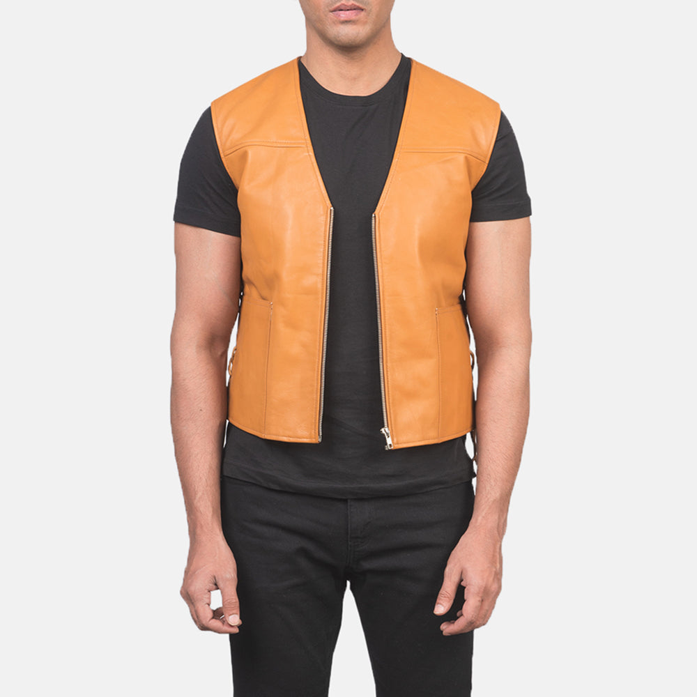 Men's Brandon タン ブラウン レザーベスト メンズ in Tan Brown Sheepskin Leather - Front Profile View &amp; Tailored Silhouette | Buy Online