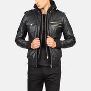 Men's Bravado Black Hooded Leather Bomber Jacket in Black Sheepskin Leather - Front Profile View &amp; Tailored Silhouette | Buy Online