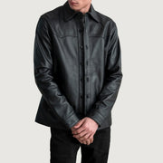 Bronco ブラック Leather Shirt メンズ in Black Sheepskin Leather - Front Profile View &amp; Tailored Silhouette | Buy Online