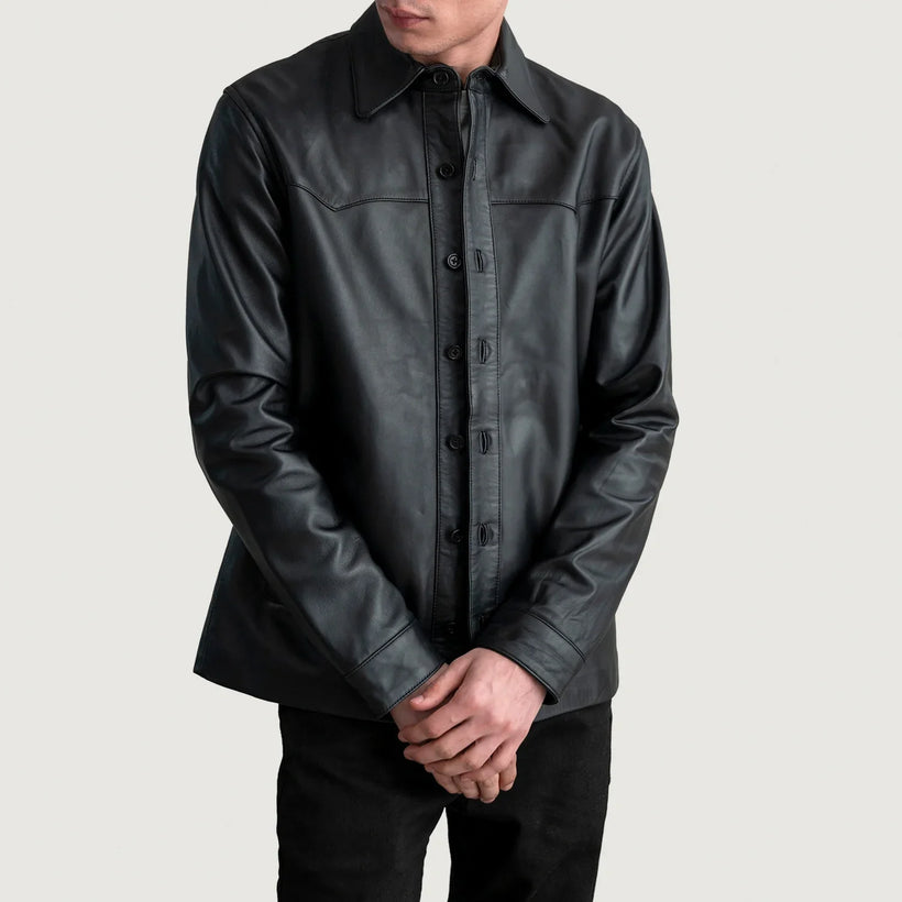 Bronco ブラック Leather Shirt メンズ