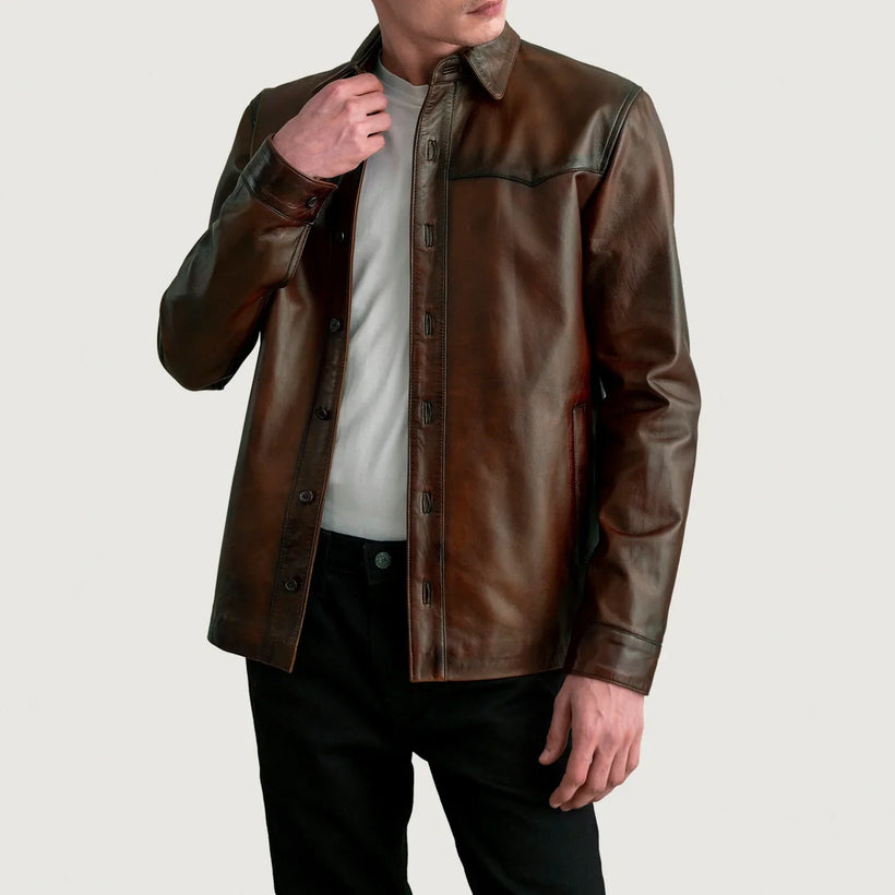 Bronco ディストレストブラウン Leather Shirt メンズ