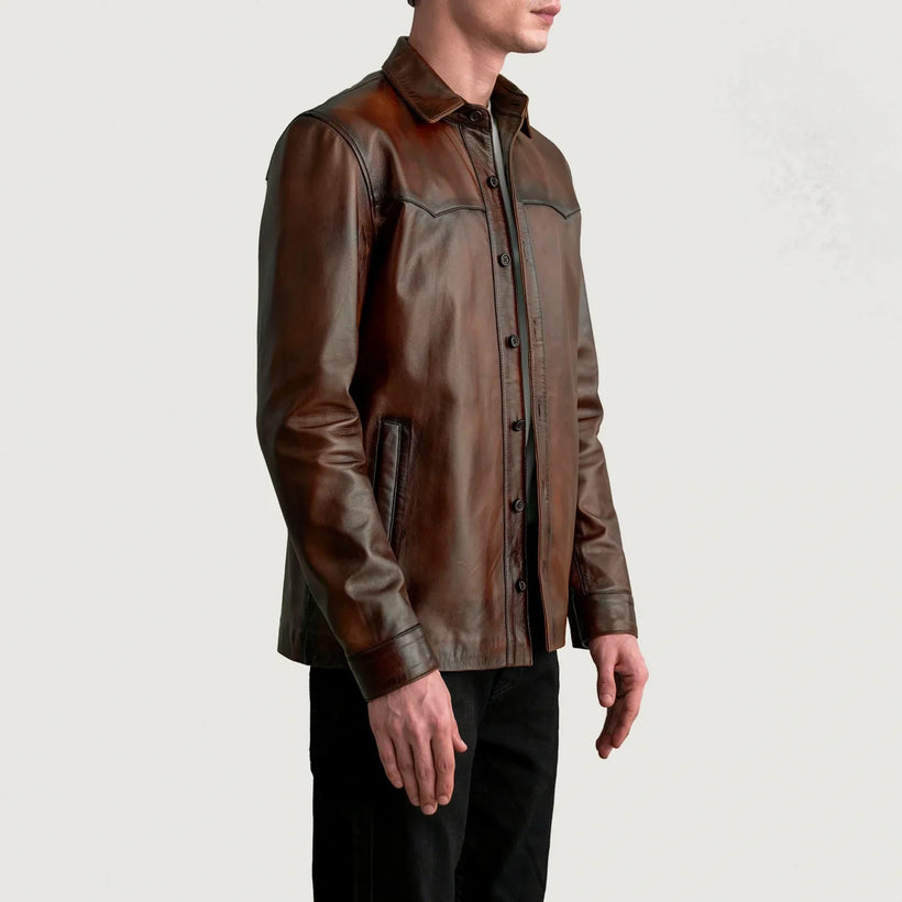 Bronco ディストレストブラウン Leather Shirt メンズ