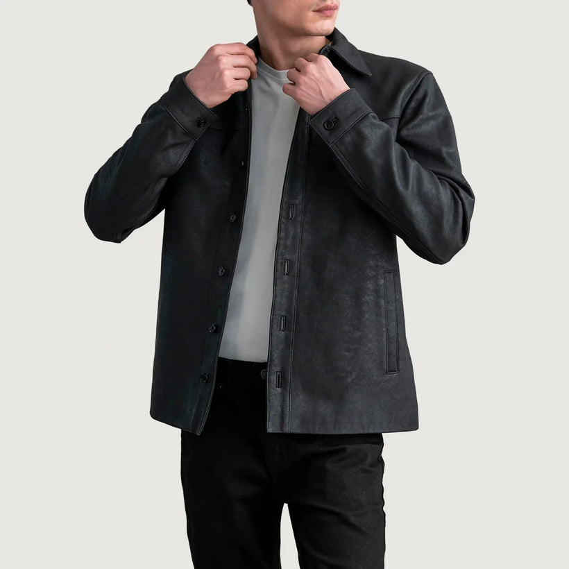 Bronco Tumbled ブラック Leather Shirt メンズ