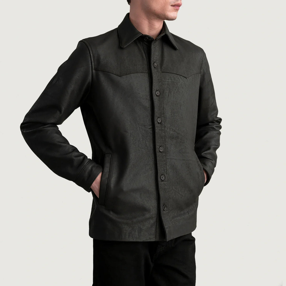 Bronco Tumbled ブラウン Leather Shirt メンズ - Lateral Side Profile View Showing Sleeve Cut &amp; Athletic Taper Fit