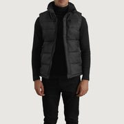 Bryan ブラック Puffer Vest メンズ in Black Full-Grain Leather - Front Profile View &amp; Tailored Silhouette | Buy Online
