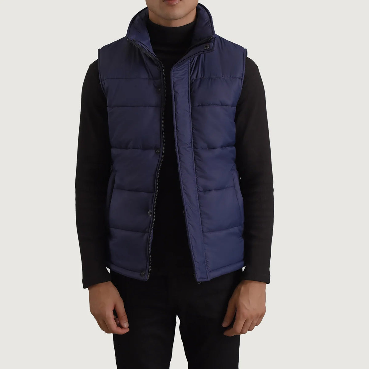 Bryan ブルー Puffer Vest メンズ in Blue Full-Grain Leather - Front Profile View &amp; Tailored Silhouette | Buy Online