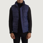 Bryan ブルー Puffer Vest メンズ in Blue Full-Grain Leather - Front Profile View &amp; Tailored Silhouette | Buy Online
