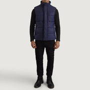 Bryan ブルー Puffer Vest メンズ - Lateral Side Profile View Showing Sleeve Cut &amp; Athletic Taper Fit