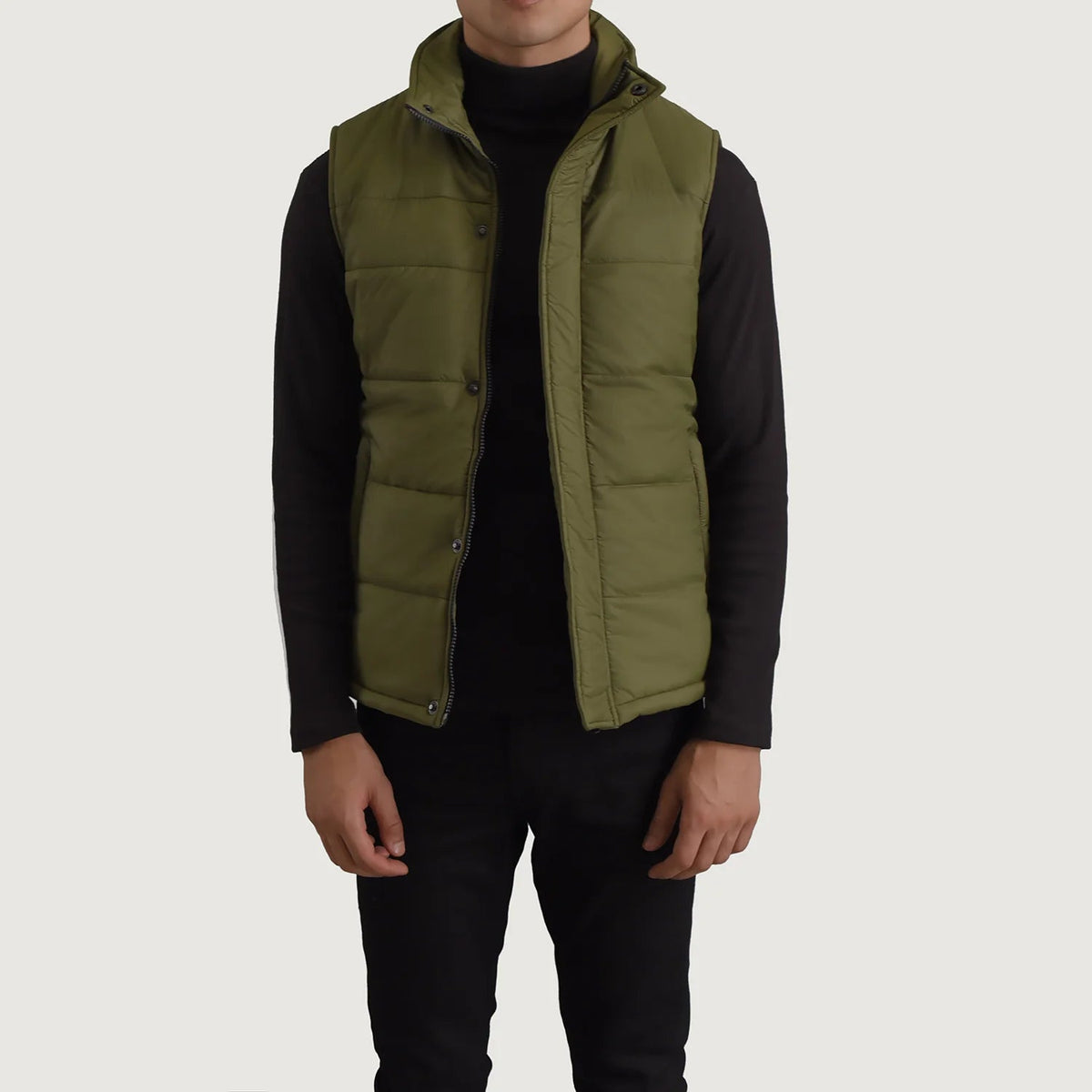 Bryan グリーン Puffer Vest メンズ in Green Full-Grain Leather - Front Profile View &amp; Tailored Silhouette | Buy Online