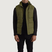 Bryan グリーン Puffer Vest メンズ in Green Full-Grain Leather - Front Profile View &amp; Tailored Silhouette | Buy Online
