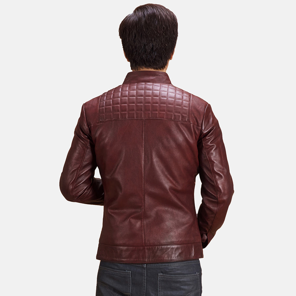 
クローズアップ詳細 of Band with Snap Button & Zipper Hardware on Burgunn Dee マルーン レザーライダースジャケット メンズ