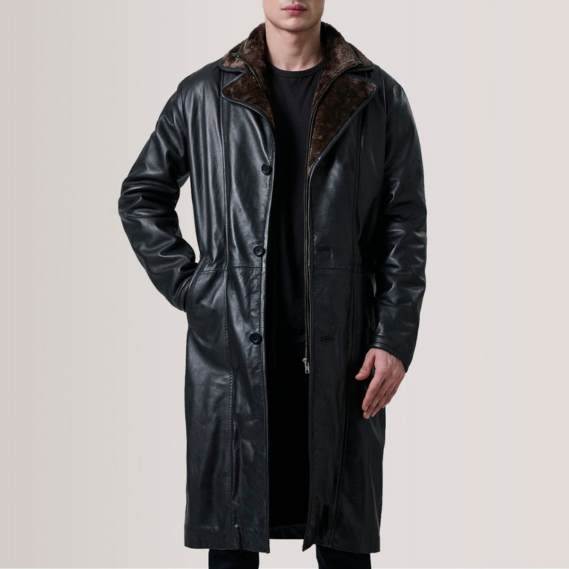 Cai ブラック Leather Shearling レザーコート メンズ