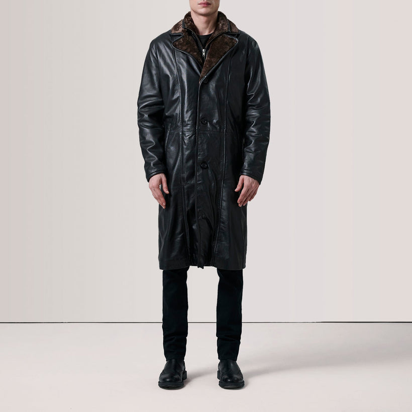 Cai ブラック Leather Shearling レザーコート メンズ