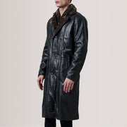 Cai ブラック Leather Shearling レザーコート メンズ For Men - Lateral Side Profile View Showing Sleeve Cut &amp; Athletic Taper Fit