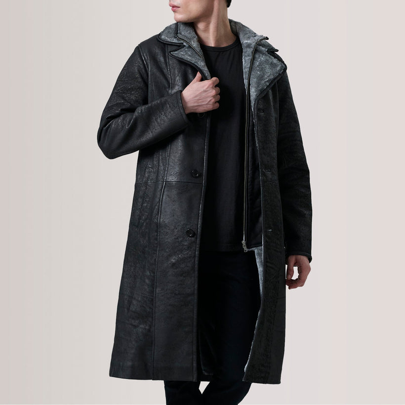 Cai Distressed ブラック Leather Shearling レザーコート メンズ
