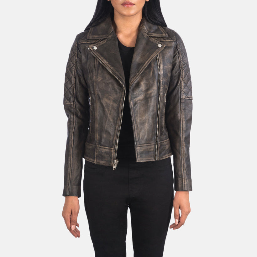 Carolyn キルティング Distressed ブラウン レザーライダースジャケット レディース