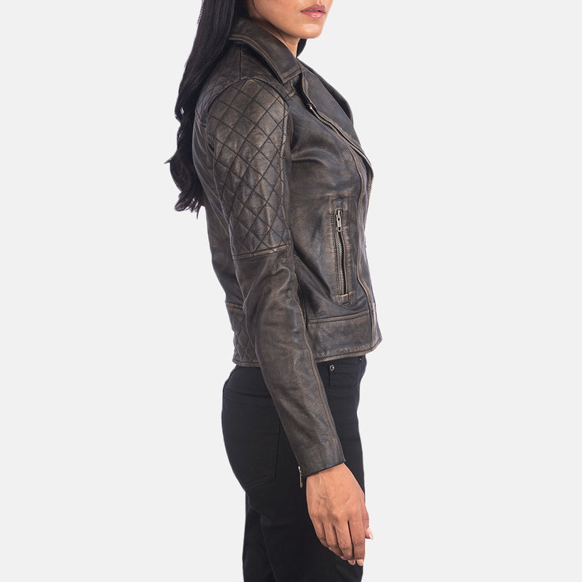 Carolyn キルティング Distressed ブラウン レザーライダースジャケット レディース