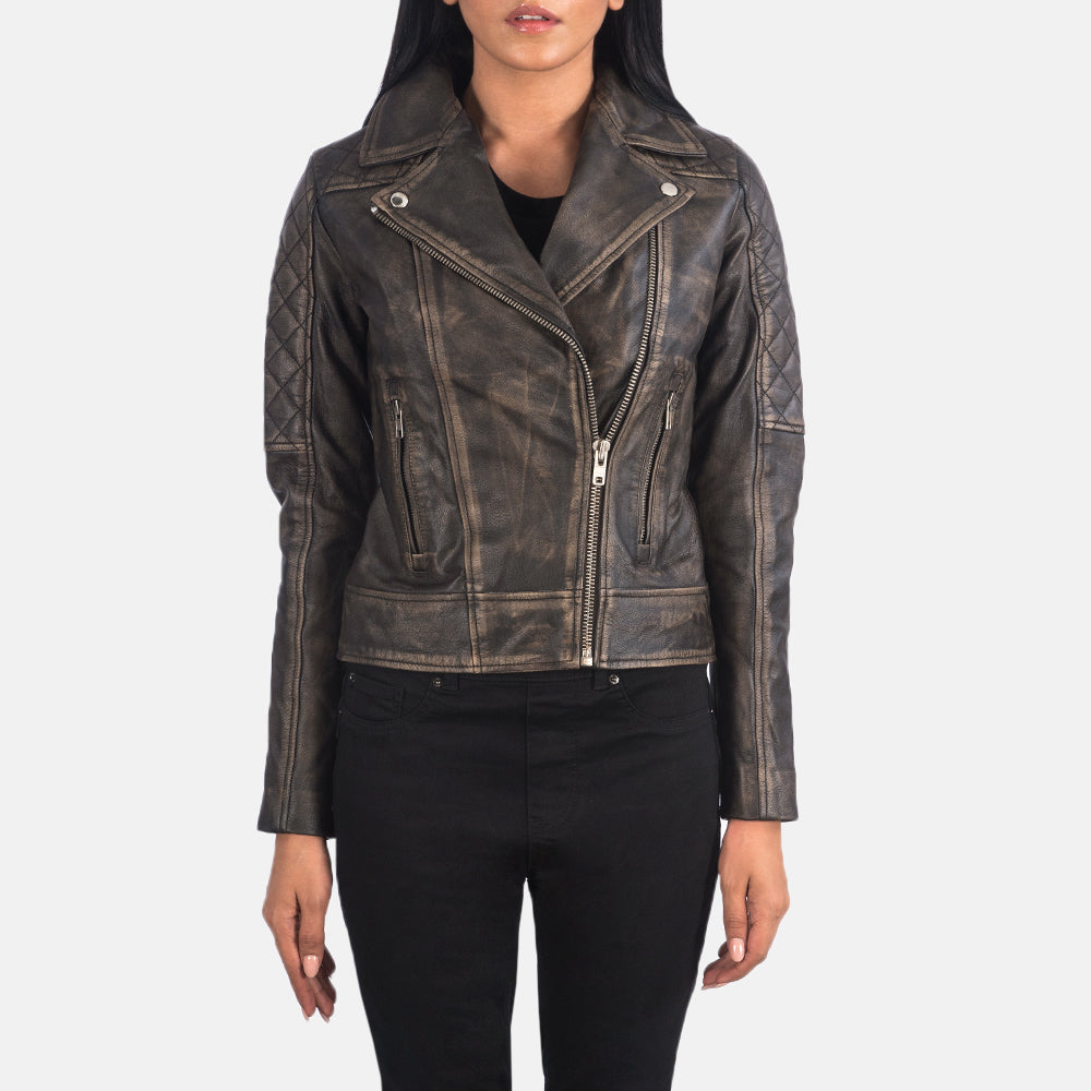 
クローズアップ詳細 of Notch & Zipper Hardware on Carolyn Quilted Distressed Brown Biker Jacket