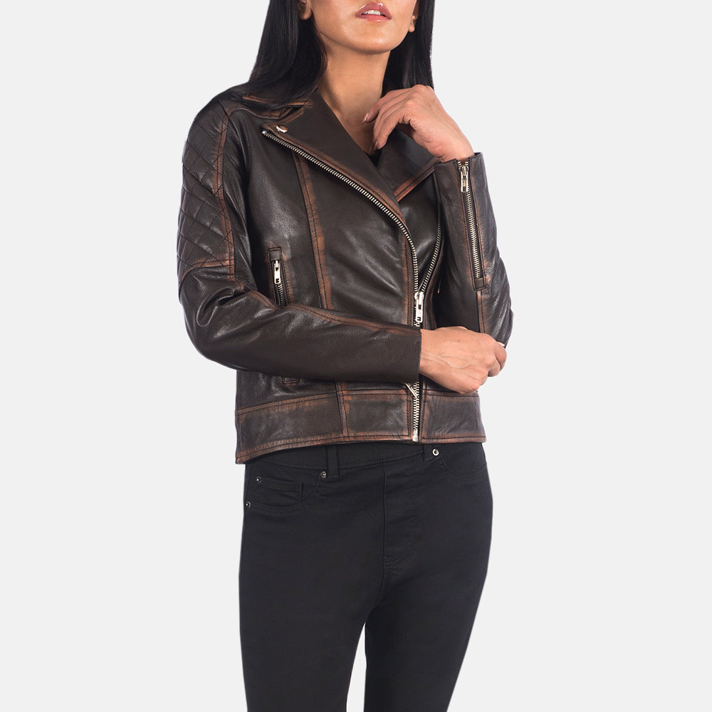 
クローズアップ詳細 of Notch & Zipper Hardware on Carolyn Quilted Vintage Brown Biker Jacket