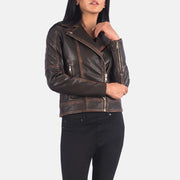
クローズアップ詳細 of Notch & Zipper Hardware on Carolyn Quilted Vintage Brown Biker Jacket